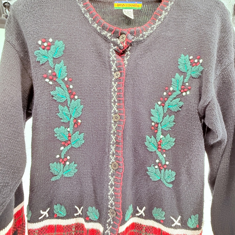 Bryn Connelly Vintage Christmas Holiday Cardigan Sweater Holly Plaid Button Up S - Picture 2 of 9